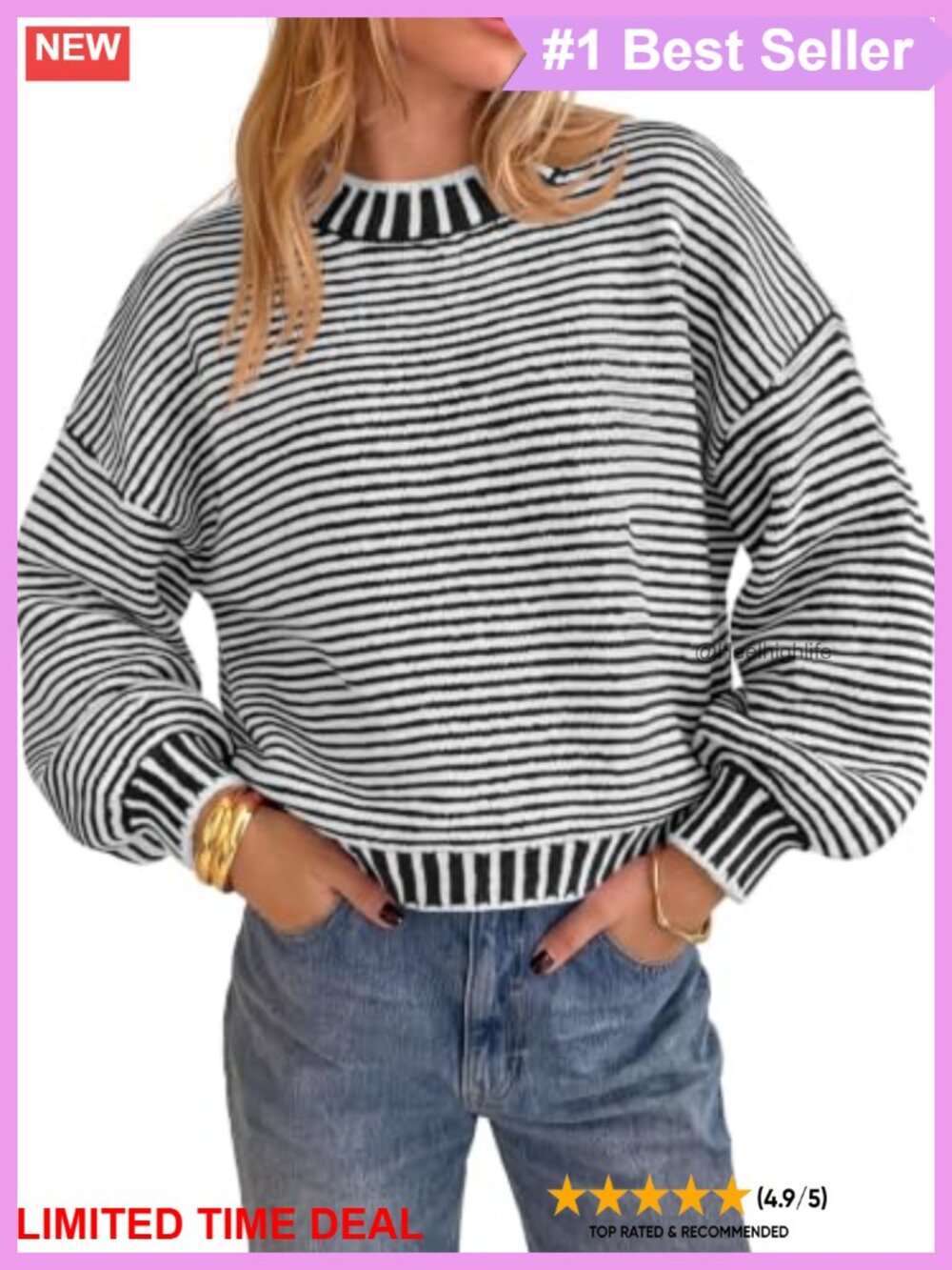 Striped Chunky Knit Sweater Color Block Drop Shoulder Pullover